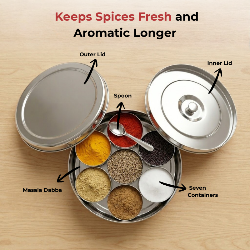 VINOD Stainless Steel Masala Dabba / Spice Box with 7 Containers, Spoon & Inner Lid, Mirror Finish, Rust Free Build - 8 Inch (No.12)