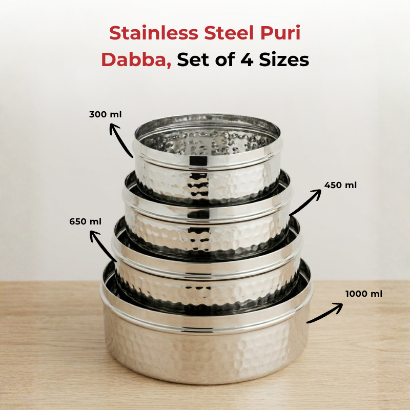 Vinod hammered stainless steel puri dabba set of 4, 300 ml to 1000 ml, airtight lids, product view 7