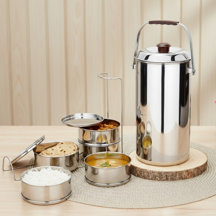 VINOD Stainless Steel Deluxe Hot Tiffin with 5 Compartments, Insulated, Rust Free, Leak Proof, Strong and Tough, Dishwasher Safe