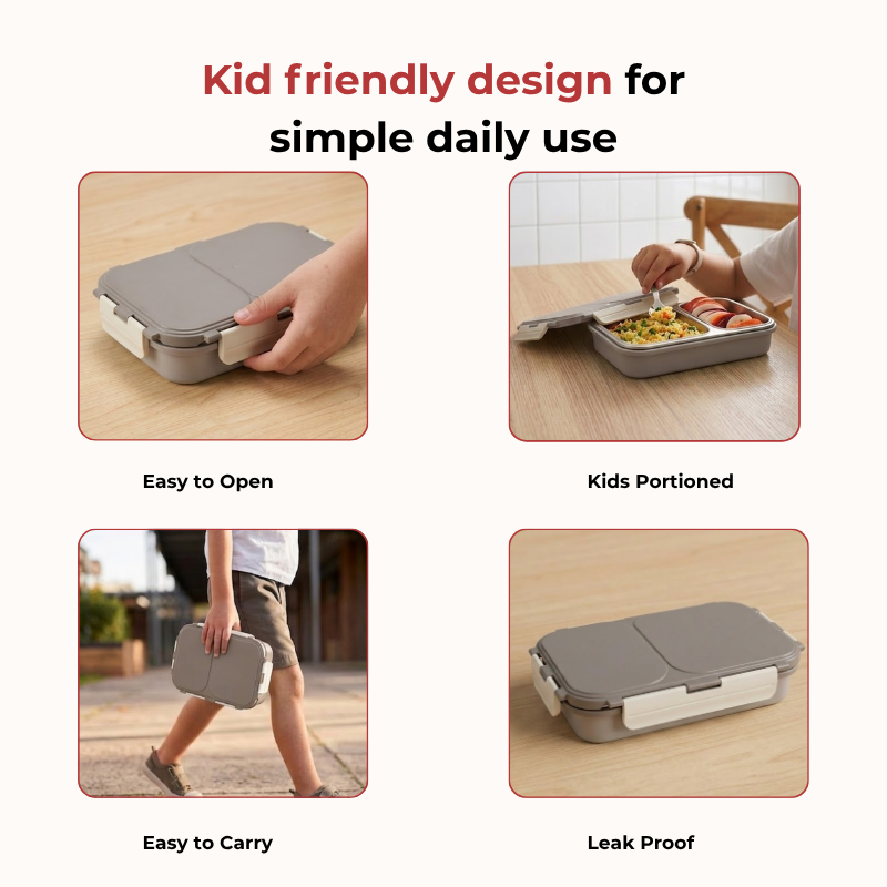 Vinod stainless steel 2 compartment lunch box in grey, silicone-sealed airtight lid, product view 7