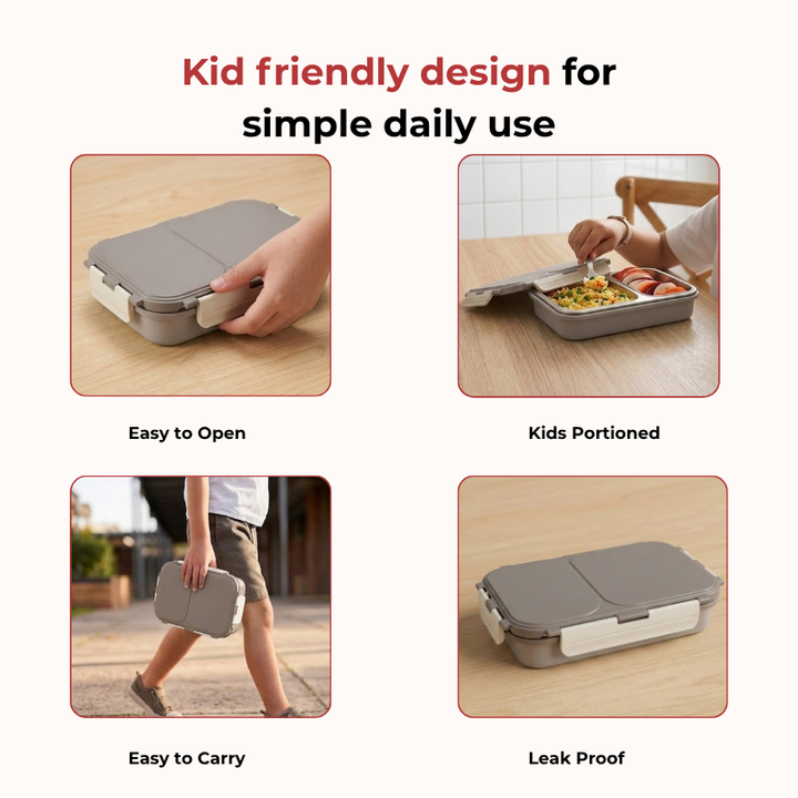 VINOD Stainless Steel Lunch Box 2 Compartment (Gray) Airtight Silicone-Sealed Lid, Secure Clips, Portable & Lightweight