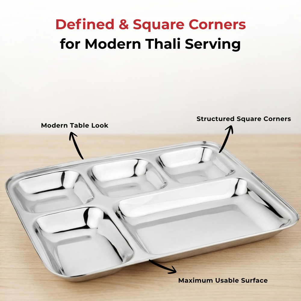 Vinod stainless steel 5 compartment bhojan thali with square edges, pack of 2, product view 7