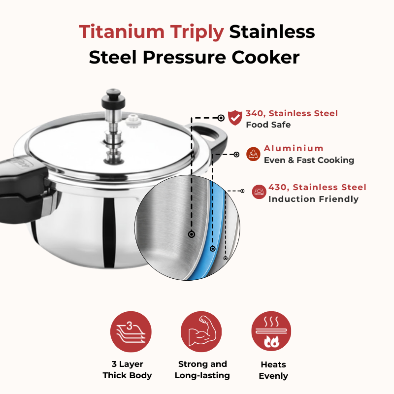 VINOD Doniv Titanium Triply Stainless Steel Pressure Cookers 5 Ltr, Outer Lid, Induction Friendly