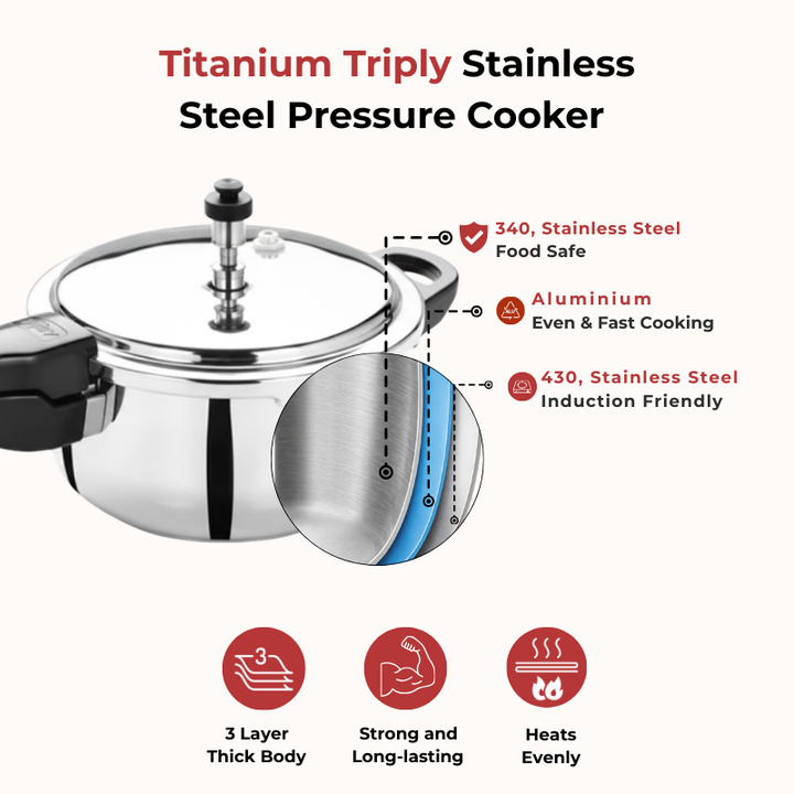 VINOD Doniv Titanium Triply Stainless Steel Pressure Cookers 5 Ltr, Outer Lid, Induction Friendly
