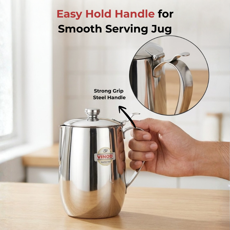 VINOD Stainless Steel Delux Jug with Covered - 2000 ml, Highest Grade Steel, Tough Build, Rust Free, Leakage Proof & Dishwasher Safe