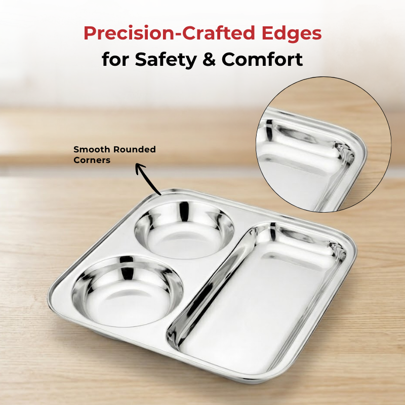 VINOD Stainless Steel 3 In 1 Compartment Plate with Round Edges, Pav Bhaji Plate, Idli Sambhar Plate, Lunch / Dinner Plate [Pack of 2]