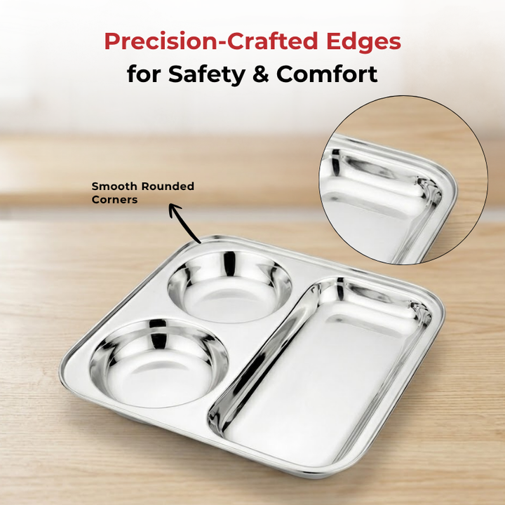VINOD Stainless Steel 3 In 1 Compartment Plate with Round Edges, Pav Bhaji Plate, Idli Sambhar Plate, Lunch / Dinner Plate [Pack of 2]