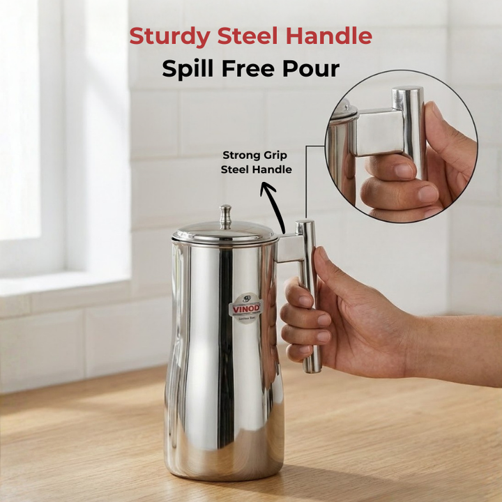 VINOD Stainless Steel Magnum Water Pitcher / Jug with Cover - 1700 ml, Mirror Finish, Sturdy Tough Build, Dishwasher Safe, Leak Free