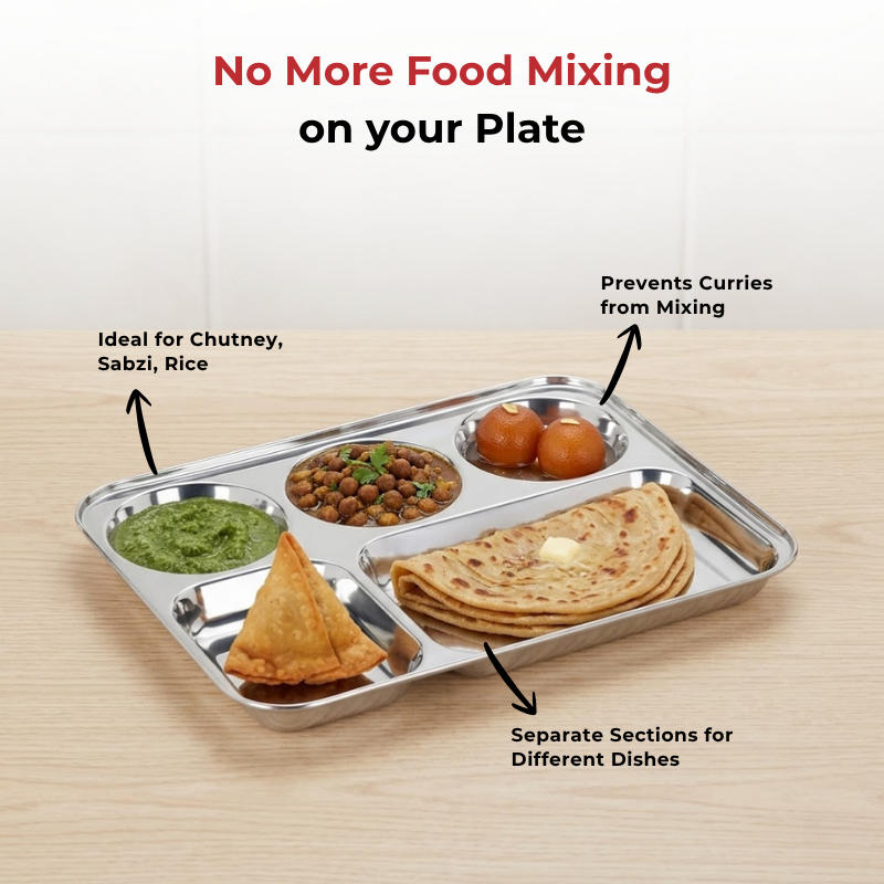 VINOD Stainless Steel 5 Compartment Plate with Round Edges, Lunch & Dinner Plate, Bhojan Thali, High Quality Steel, Rust Free [Pack of 2]