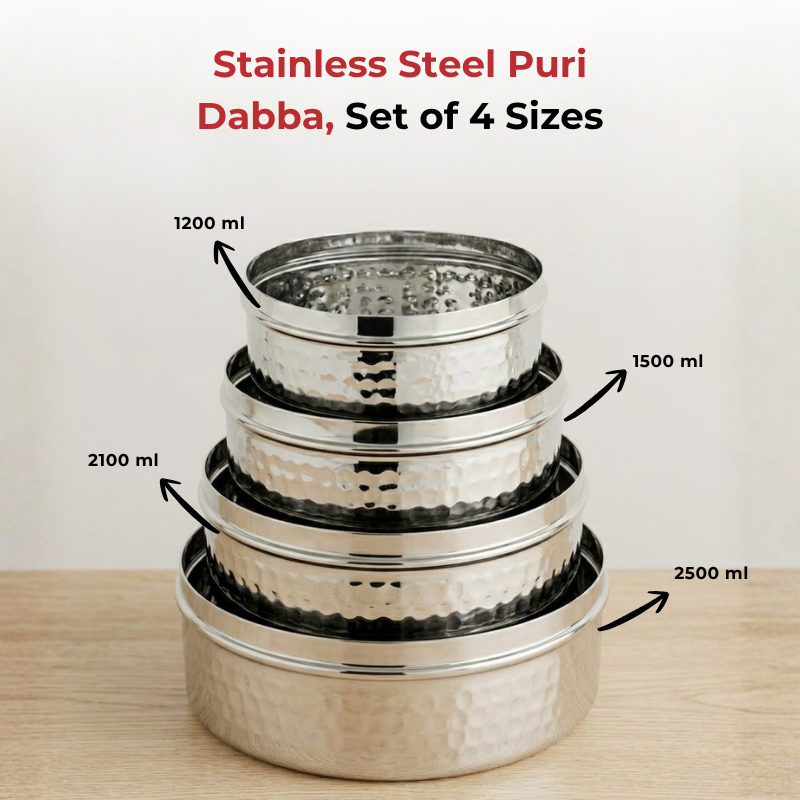 Vinod hammered stainless steel puri dabba set of 4, 1200 ml to 2500 ml, airtight lids, product view 7