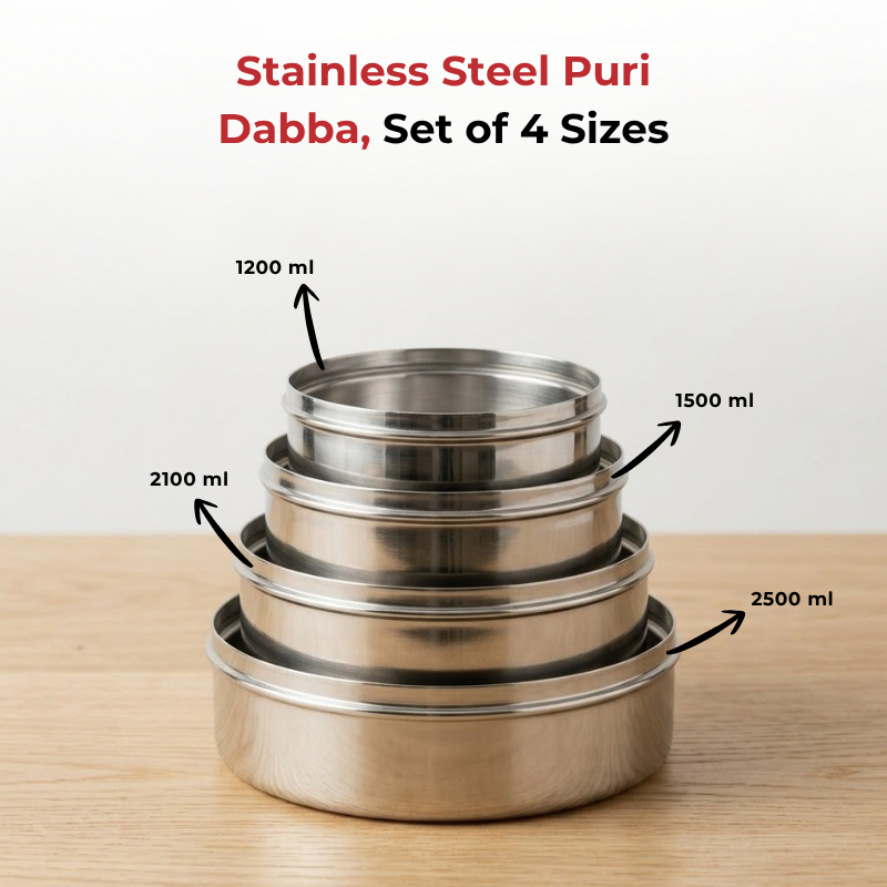 Vinod stainless steel puri dabba set of 4, capacity: 1200 ml, 1500 ml, 2100 ml, 2500 ml, product view 7