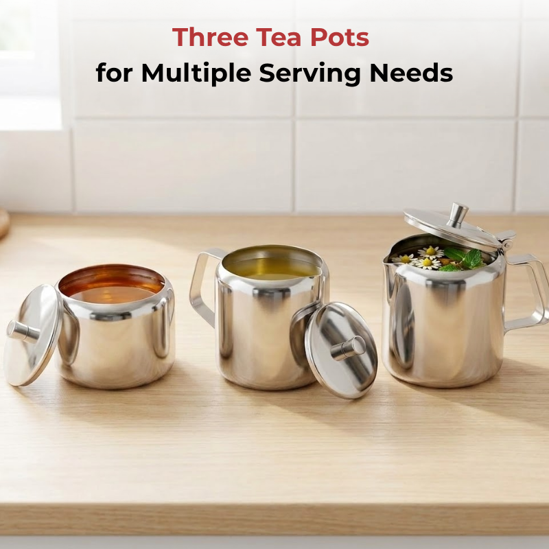 Vinod stainless steel 3 piece jumbo tea set, 1400 ml tea pot with 250 ml milk and sugar pots, product view 7