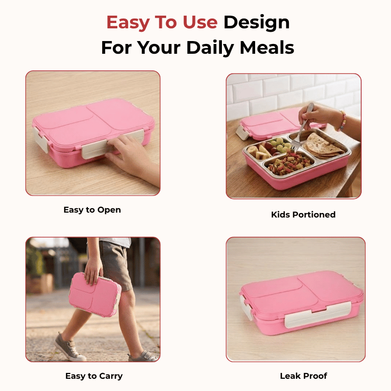 Vinod stainless steel 3 compartment tiffin in pink, silicone-sealed airtight lid, product view 7