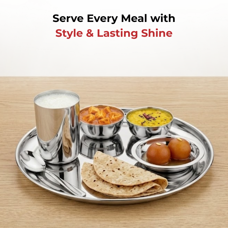 Vinod stainless steel Rajbhog thali 6 piece set with plate, bowls, glass and spoon, close-up detail