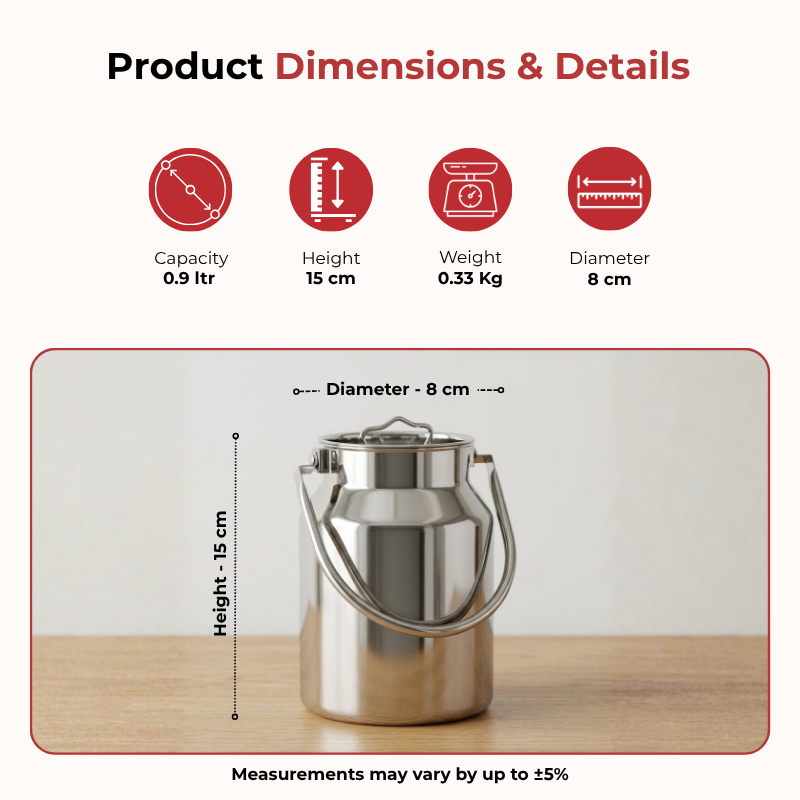 Vinod stainless steel milk can / barni / oil can 900 ml with jointless body, product view 7