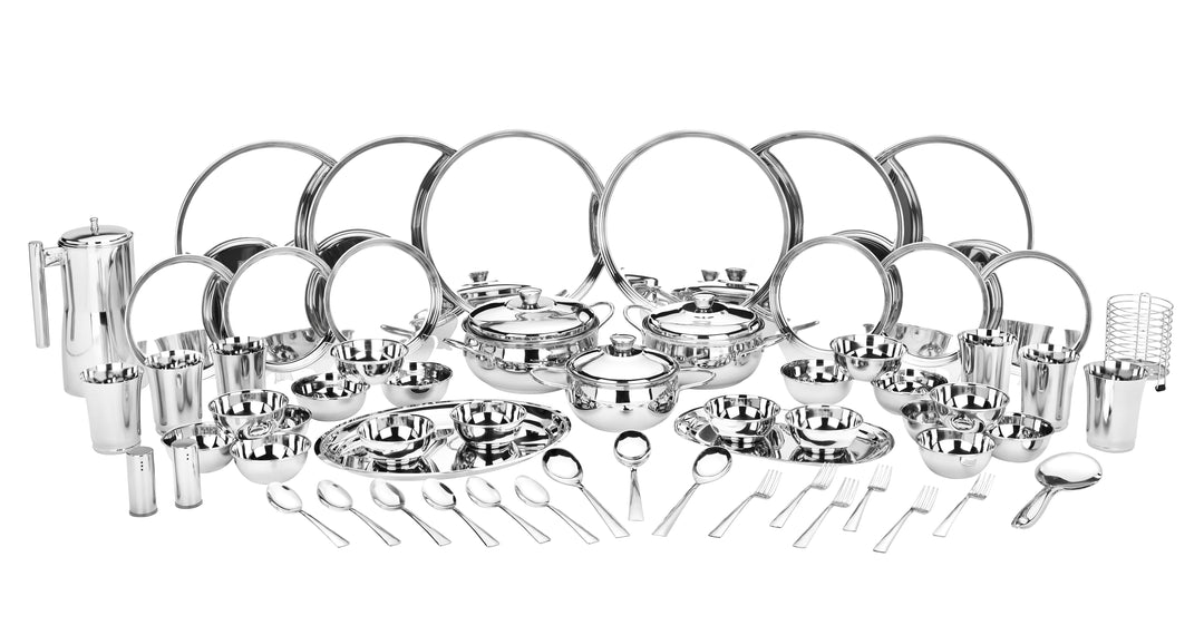 विनोद स्टेनलेस स्टील 61 पीस डिनर सेट प्रीमियम किचन सेट टिकाऊ, डिशवॉशर सुरक्षित, गृहप्रवेश उपहार के लिए भारी गेज डिनर सेट, सिल्वर