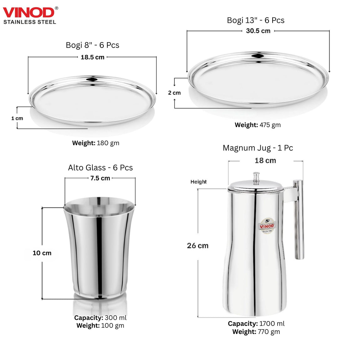 विनोद स्टेनलेस स्टील 61 पीस डिनर सेट प्रीमियम किचन सेट टिकाऊ, डिशवॉशर सुरक्षित, गृहप्रवेश उपहार के लिए भारी गेज डिनर सेट, सिल्वर