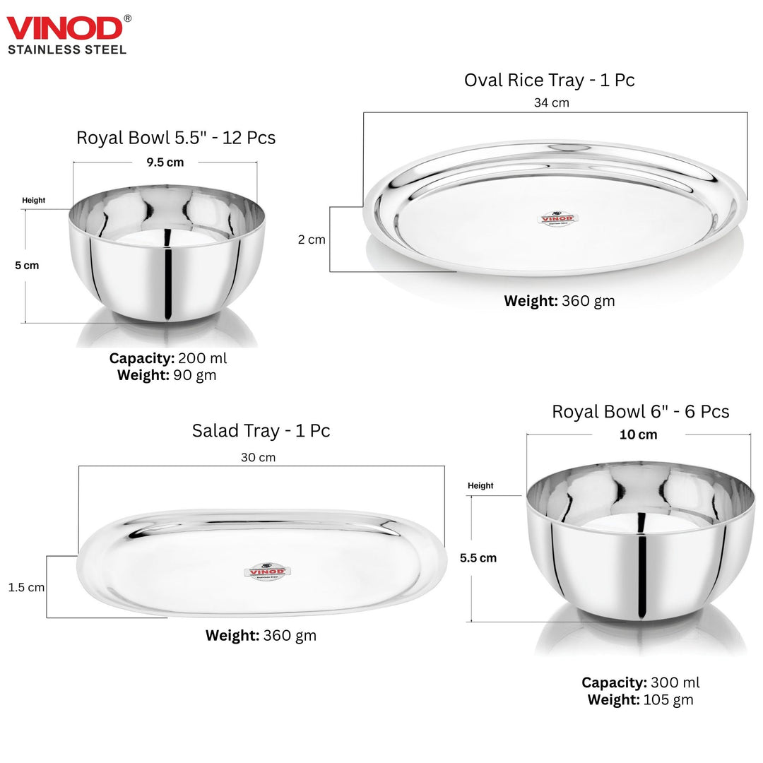 विनोद स्टेनलेस स्टील 61 पीस डिनर सेट प्रीमियम किचन सेट टिकाऊ, डिशवॉशर सुरक्षित, गृहप्रवेश उपहार के लिए भारी गेज डिनर सेट, सिल्वर