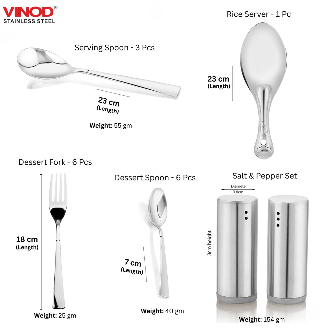 विनोद स्टेनलेस स्टील 61 पीस डिनर सेट प्रीमियम किचन सेट टिकाऊ, डिशवॉशर सुरक्षित, गृहप्रवेश उपहार के लिए भारी गेज डिनर सेट, सिल्वर