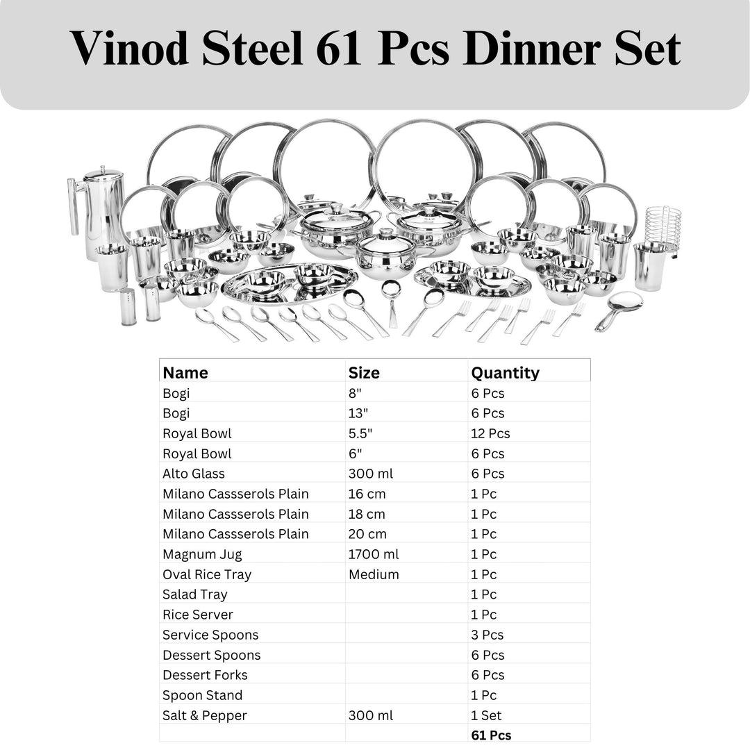 विनोद स्टेनलेस स्टील 61 पीस डिनर सेट प्रीमियम किचन सेट टिकाऊ, डिशवॉशर सुरक्षित, गृहप्रवेश उपहार के लिए भारी गेज डिनर सेट, सिल्वर