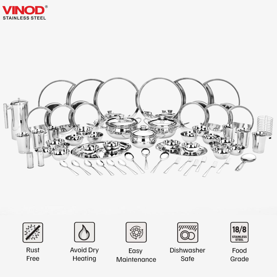 विनोद स्टेनलेस स्टील 61 पीस डिनर सेट प्रीमियम किचन सेट टिकाऊ, डिशवॉशर सुरक्षित, गृहप्रवेश उपहार के लिए भारी गेज डिनर सेट, सिल्वर