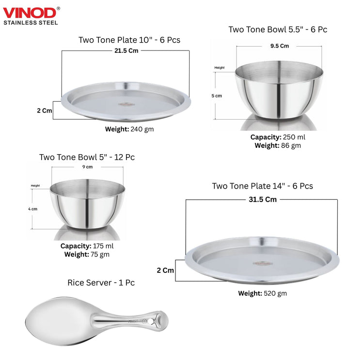 विनोद स्टेनलेस स्टील 61 पीस टू टोन डीलक्स डिनर सेट छह लोगों के लिए