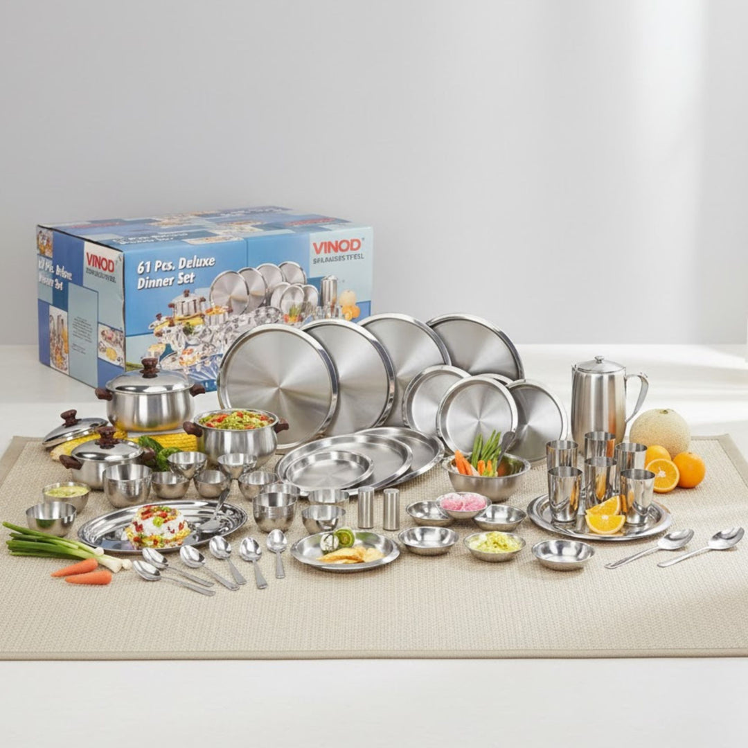 विनोद स्टेनलेस स्टील 61 पीस टू टोन डीलक्स डिनर सेट छह लोगों के लिए