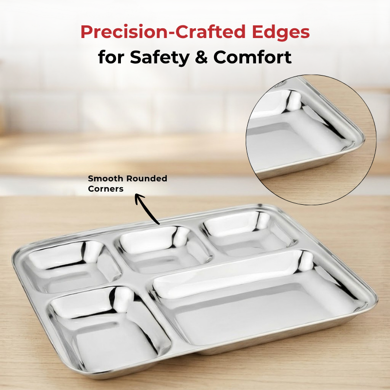 VINOD Stainless Steel 5 Compartment Plate with Square Edges, Lunch & Dinner Plate, Bhojan Thali, High Quality Steel, Rust Free [Pack of 2]