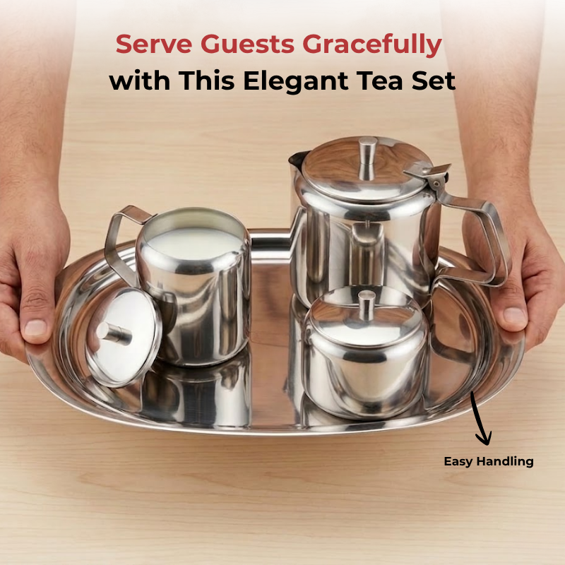 Vinod stainless steel 3 piece large tea set, 1000 ml tea pot with 250 ml milk and sugar pots, product view 8