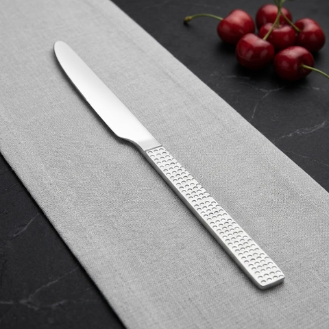 Vinod Aero hammered stainless steel dessert knife set of 6, mirror finish, front view