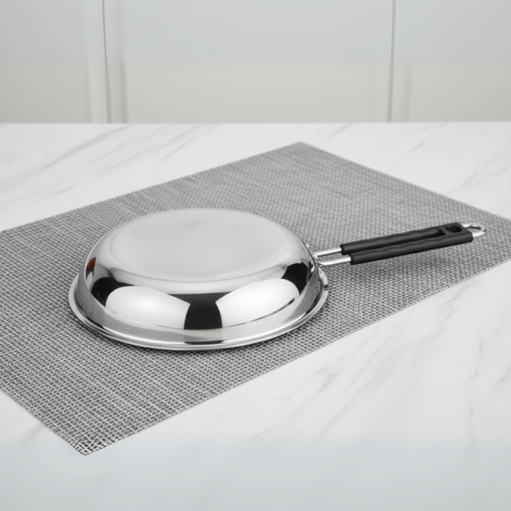 Vinod Stainless Steel Heavy Bottom Royal Fry Pan Dishwasher Safe, Gas Stove & Induction Compatible, Durable, 20 Cm Frying Pan, Soft Touch Handle, Kitchen Utensil