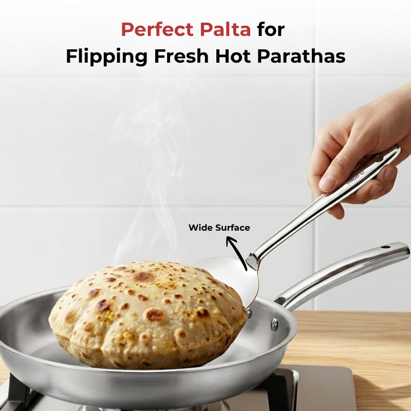 Vinod stainless steel paratha palta turner set of 2, 34 cm, No. 2, in-use view