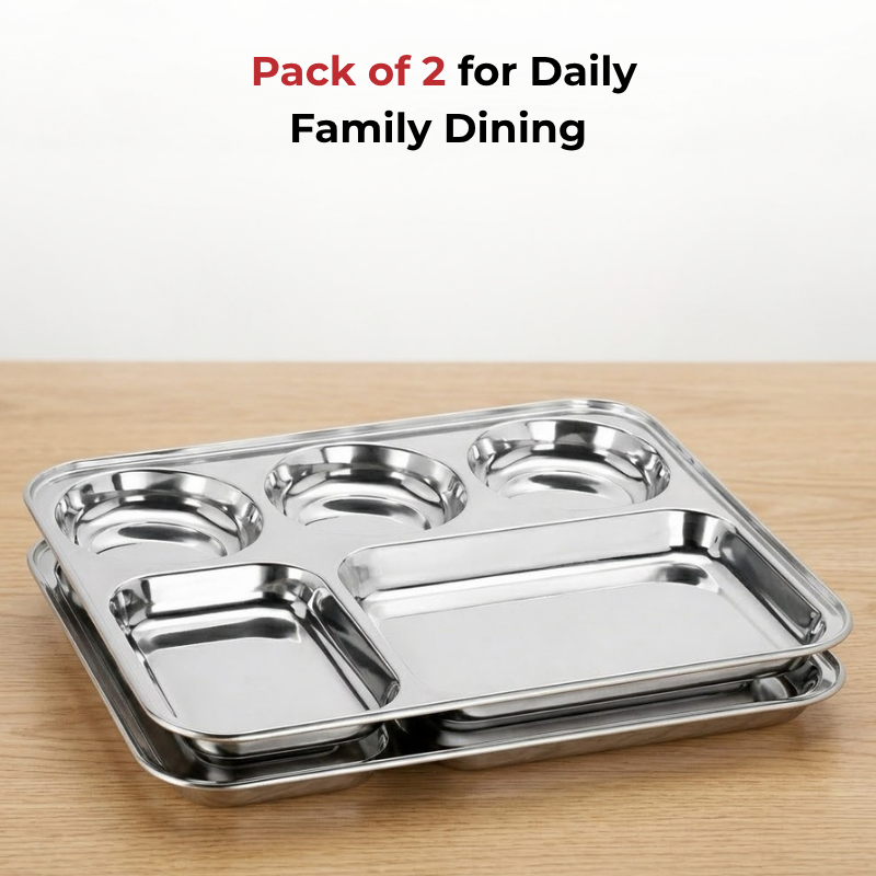 VINOD Stainless Steel 5 Compartment Plate with Round Edges, Lunch & Dinner Plate, Bhojan Thali, High Quality Steel, Rust Free [Pack of 2]