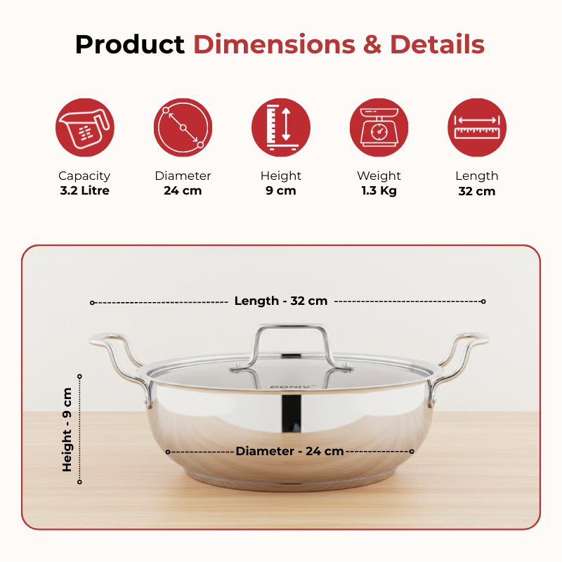 Vinod – Doniv Stainless Steel Sandwich Majestic Bottom Kadai with Steel Lid (3.2 Liter/24 cms) – Induction Friendly