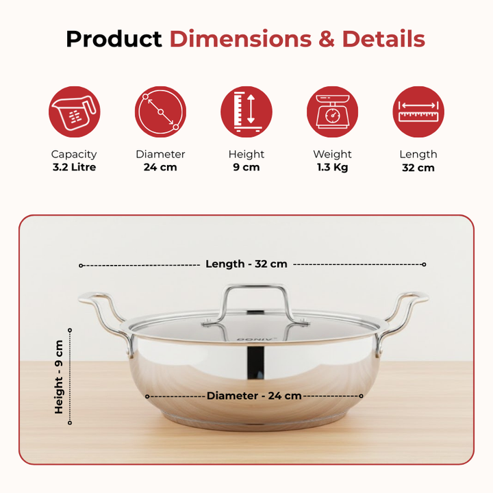Vinod – Doniv Stainless Steel Sandwich Majestic Bottom Kadai with Steel Lid (3.2 Liter/24 cms) – Induction Friendly