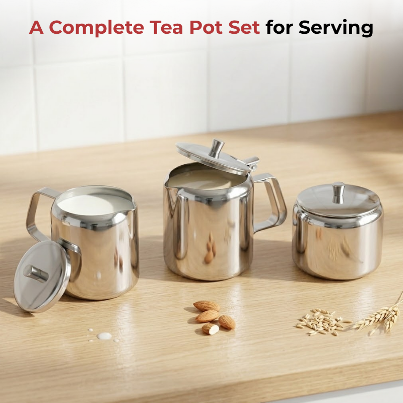 Vinod stainless steel 3 piece jumbo tea set, 1400 ml tea pot with 250 ml milk and sugar pots, product view 8