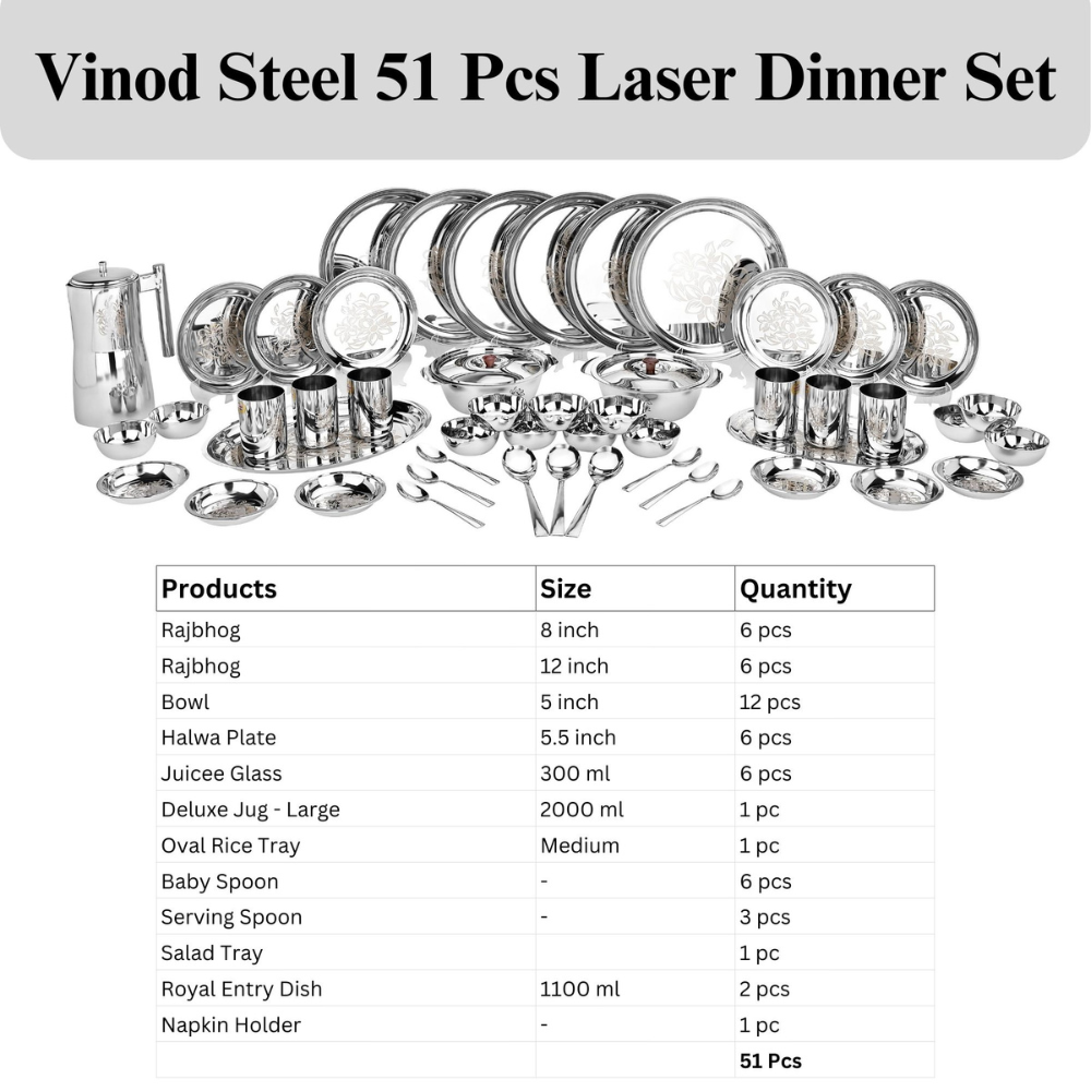 VINOD 51 Pieces Laser Stainless Steel Dinner Set, Heavy Gauge steel, Tough and Strong, Durable shine, Dishwasher safe and ISI certified