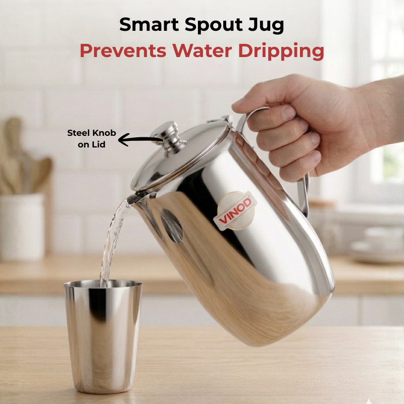 VINOD Stainless Steel Delux Jug with Covered - 2000 ml, Highest Grade Steel, Tough Build, Rust Free, Leakage Proof & Dishwasher Safe