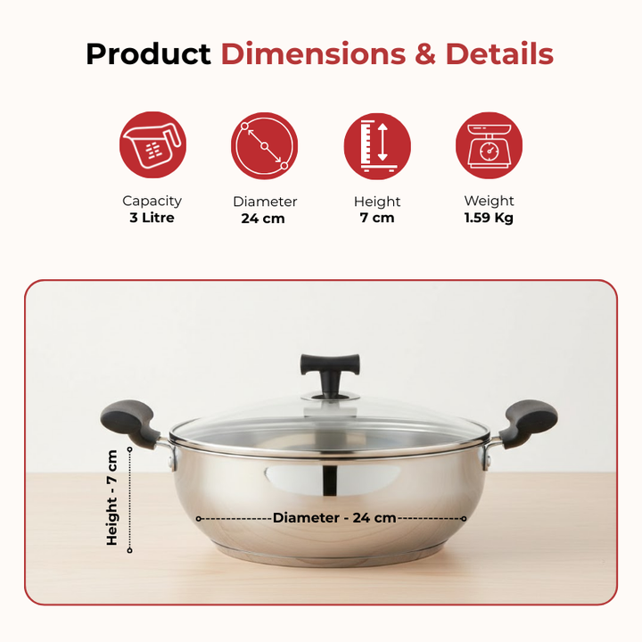 VINOD – DONIV Stainless Steel Sandwich Bottom Solitaire Kadhai With Glass Lid & Side handle, Induction Friendly, Size 24 cms. Capacity 3 Ltr