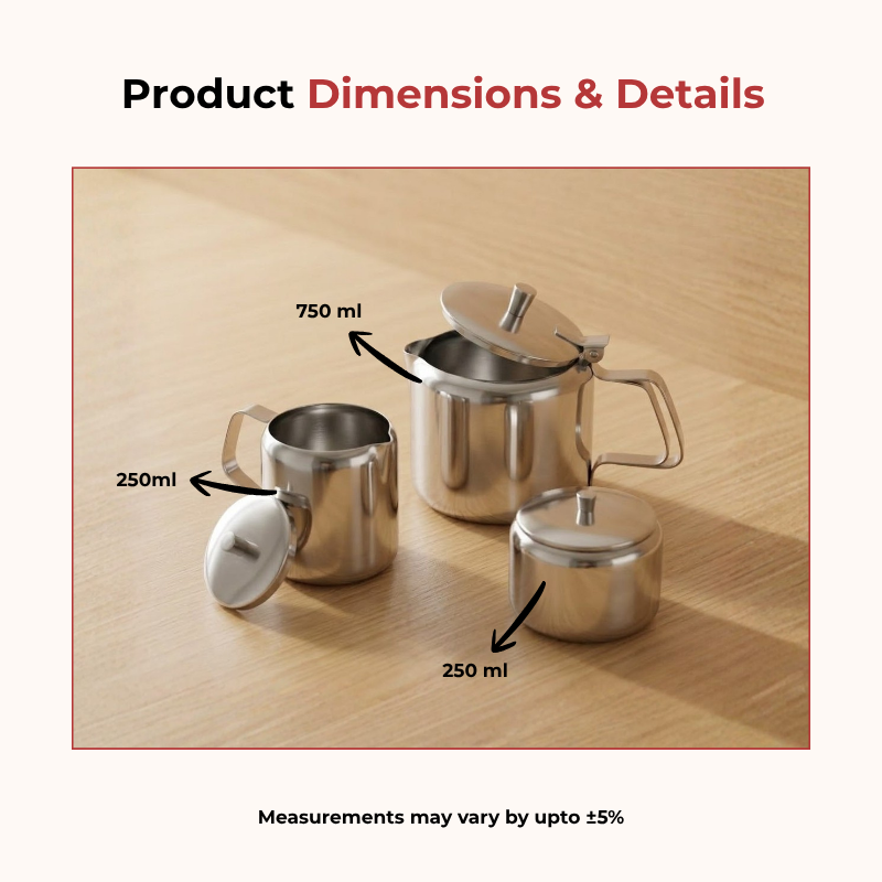 Vinod stainless steel 3 piece medium tea set, 750 ml tea pot with 250 ml milk and sugar pots, product view 8