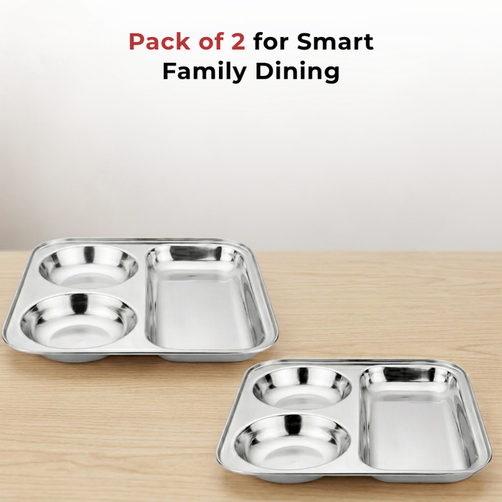 VINOD Stainless Steel 3 In 1 Compartment Plate with Round Edges, Pav Bhaji Plate, Idli Sambhar Plate, Lunch / Dinner Plate [Pack of 2]