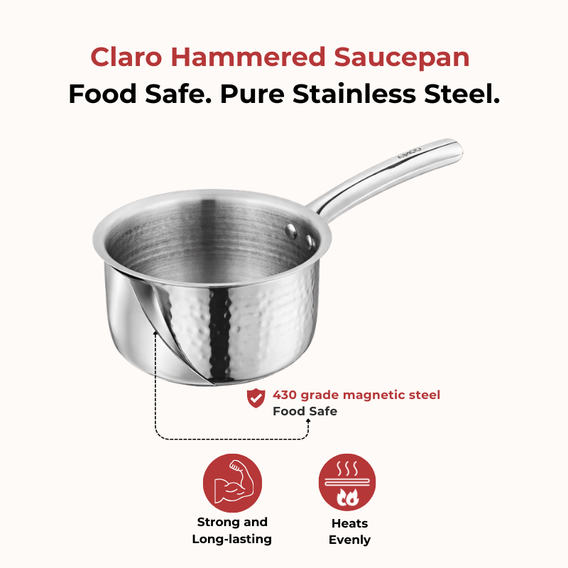 Vinod – Claro Heavy Gauge Stainless Steel Hammered Sauce Pan, 1.5 mm – Capacity 900 ml