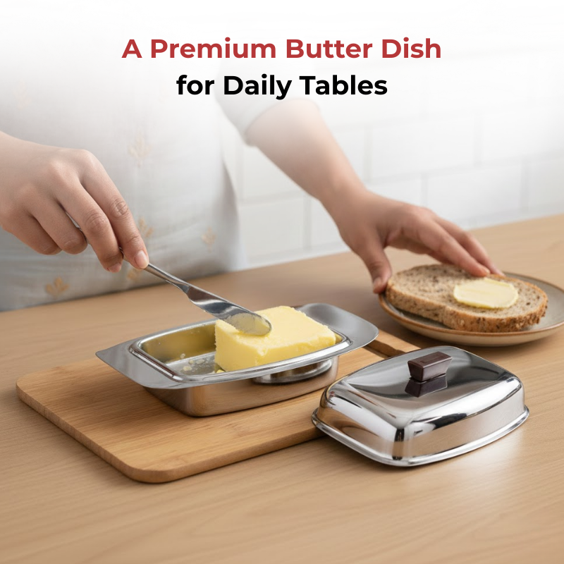 Vinod Stainless Steel Butter Dish With Butter Knife & Lid, close-up detail