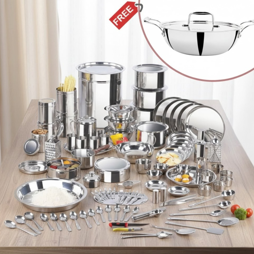 Vinod 114 piece deluxe Griha Pravesh set with complimentary pawali and kadai, front view