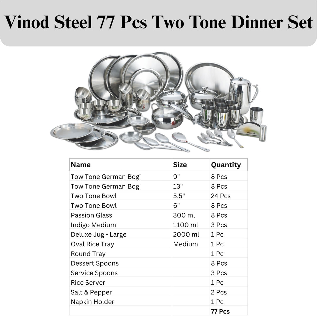 विनोद स्टेनलेस स्टील 77 पीस टू टोन डिनर सेट आठ लोगों के लिए