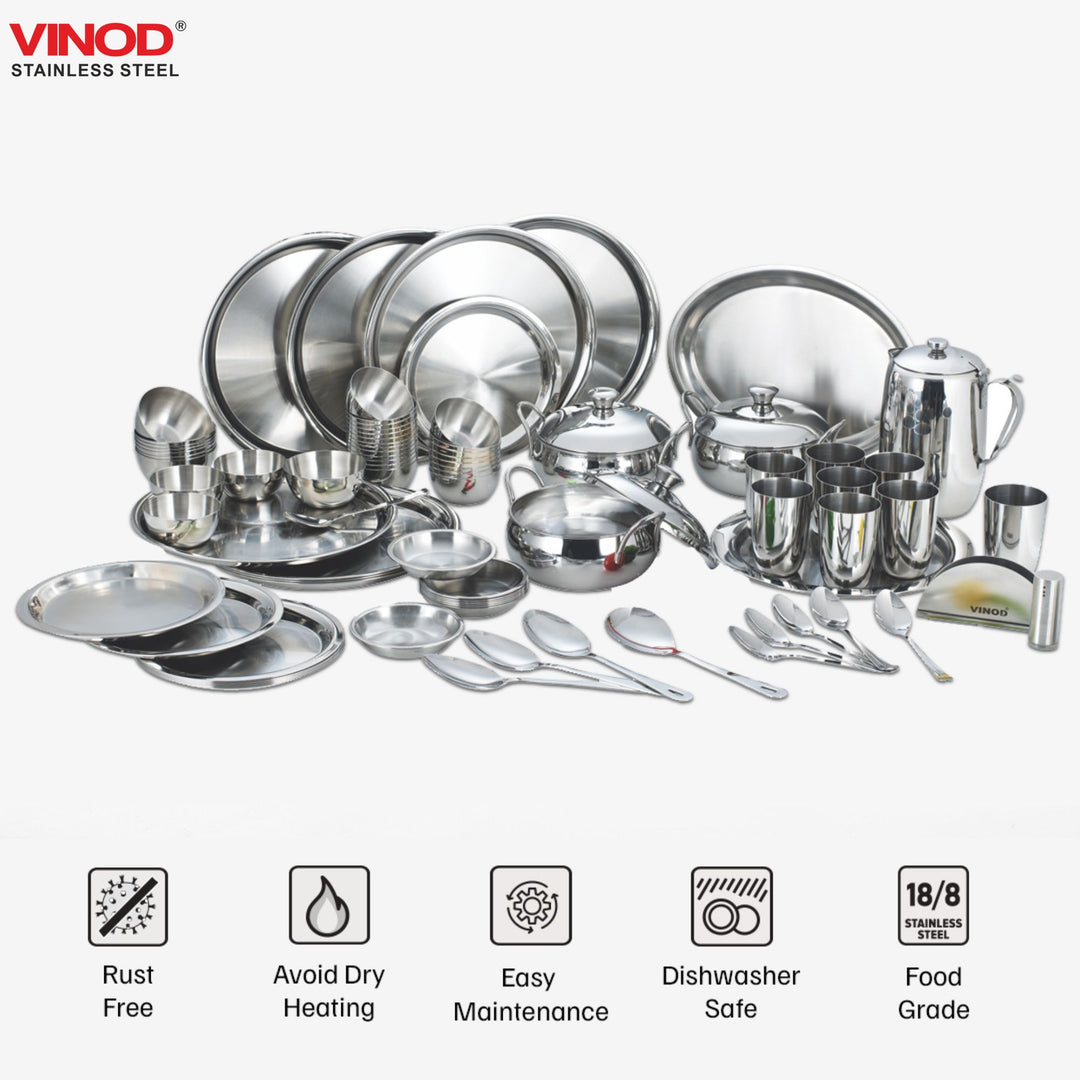विनोद स्टेनलेस स्टील 77 पीस टू टोन डिनर सेट आठ लोगों के लिए