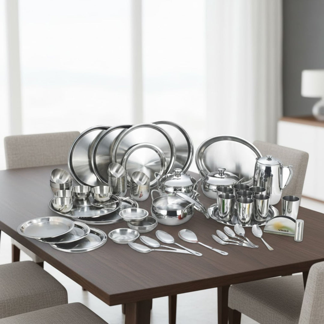विनोद स्टेनलेस स्टील 77 पीस टू टोन डिनर सेट आठ लोगों के लिए