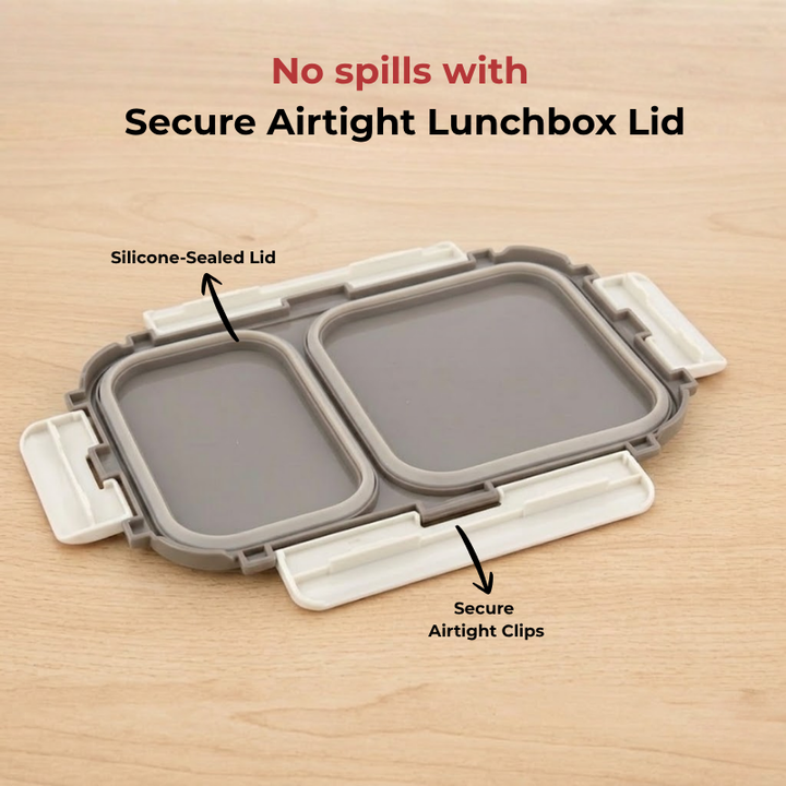VINOD Stainless Steel Lunch Box 2 Compartment (Gray) Airtight Silicone-Sealed Lid, Secure Clips, Portable & Lightweight