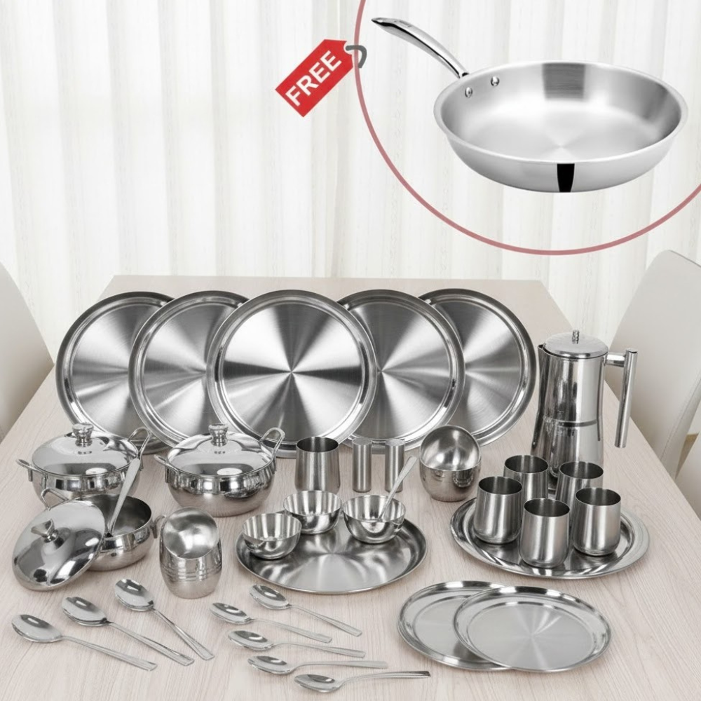 Vinod Doniv 53 piece two tone dinner set with free fry pan, front view