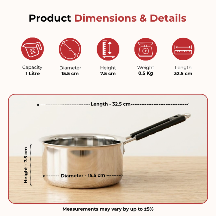 Vinod Stainless Steel Premium Sauce Pan Heavy Gauge 1000 ml Milk Pan, Tea Pan, Induction & Gas Stove Compatible, Dishwasher Safe, Durable Tea Pot for Kitchen
